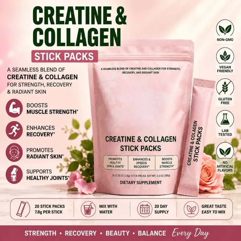 Creatine & Collagen Powder Stick Packs Supports Strength Recovery & Skin Health – Daily Nutrition Supplement 20Servings Per Bag — image 2