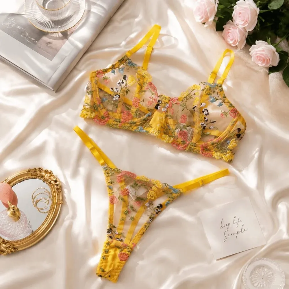 Versatile Transparent Lingerie Set Ultra-thin Elegant Panties Bra Set Push Up Embroidery Floral Underwear Women — image 2