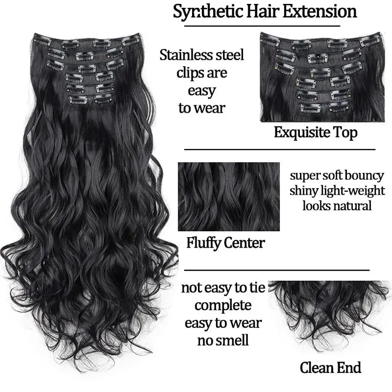 6pcs/set 24Inch Synthetic Long Curly Wavy Hair Extension 16 Clips High Tempreture Hairpiece Clip In Hair Extensions for Women