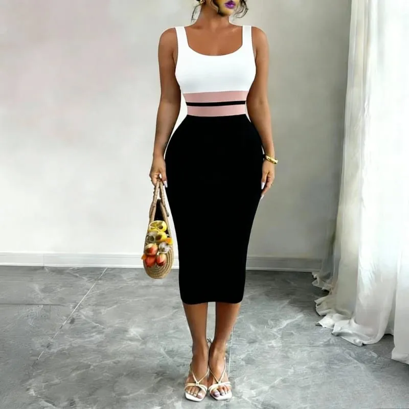 Women's White Black Patchwork Block Square Neck Sleeveless Stretchy Knit Bodycon Midi Dress Elegant Summer Daily Party Dress — image 5