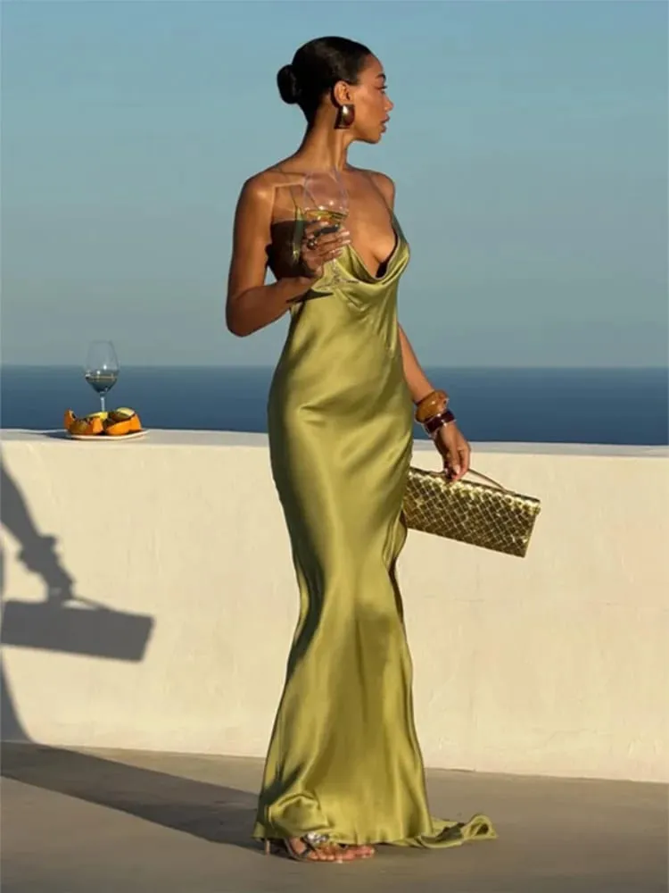 Solid Thin Spaghetti Strap Cowl Neck Slip Long Dress Women Sleeveless High Slit Slim Fitted Evening Gowns Elegant Party Outfit — image 3