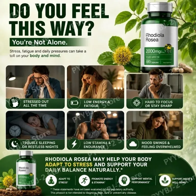Cápsulas de Rhodiola Rosea 180 peças para alívio emocional e suporte à saúde imunológica - 2.000 mg de raiz de Rhodiola Rosea 5: 1 extrato de planta