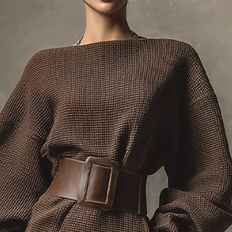 Fall Winter Solid Color Knit Sweater Dress Woman Sexy Slash Neck Sashes Slim Mini Dress Retro Batwing Long Sleeve Pullover Dress — image 3