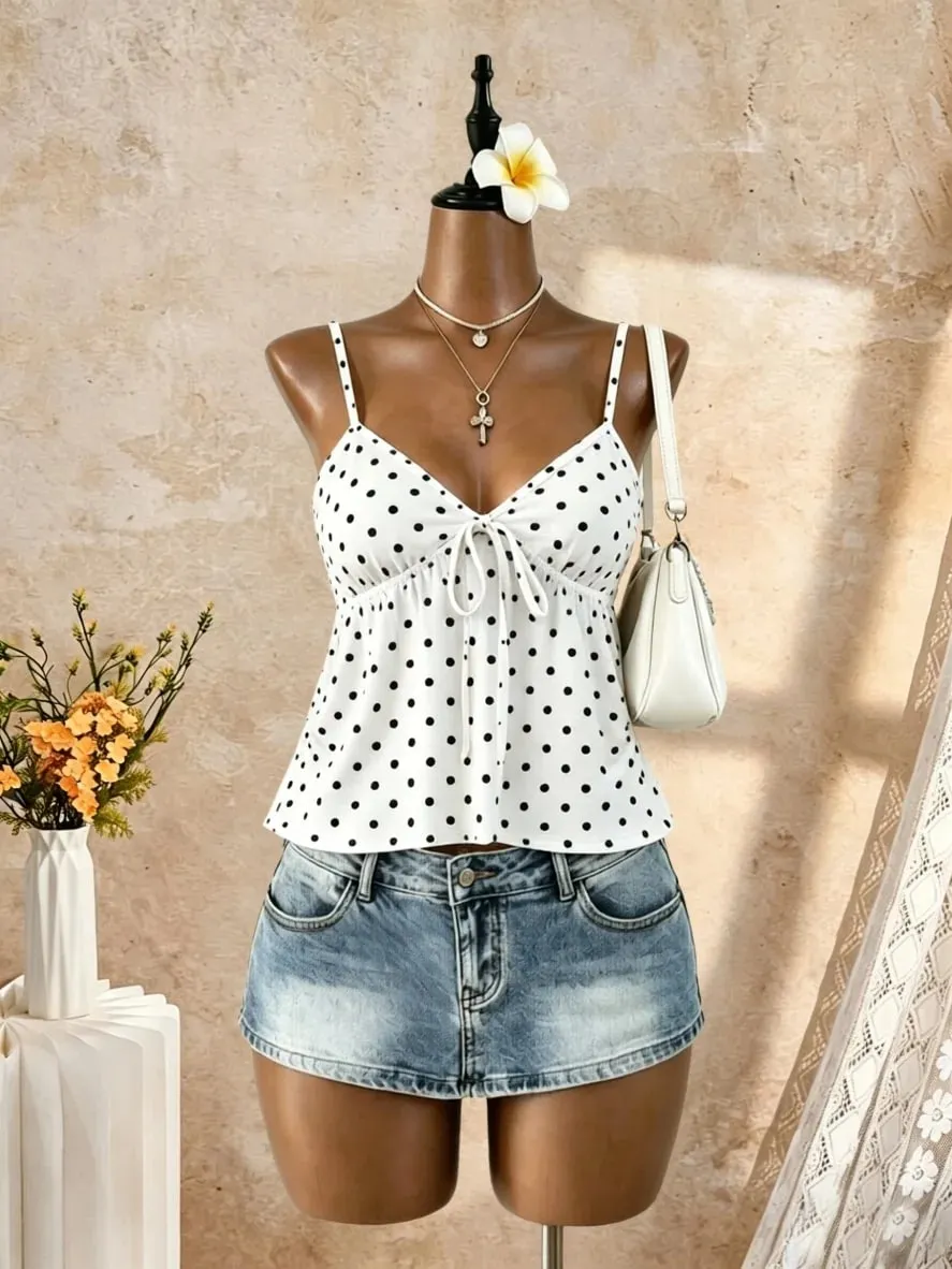 Women V Neck Spaghetti Strap Front Tie Ruched Waist Flared Peplum Cami Top 2026 Summer Y2K Solid Black Casual Beach Vacation Loo
