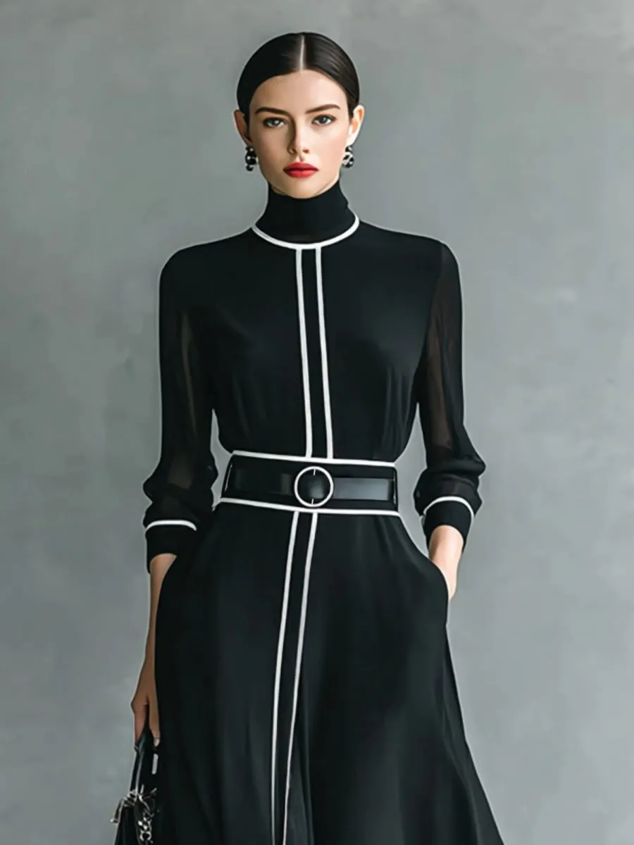 French Elegant Chiffon Maxi Dress High Neck Long Sleeve with White Piping Trim Ideal for Office Business Banquets & Parties — image 3