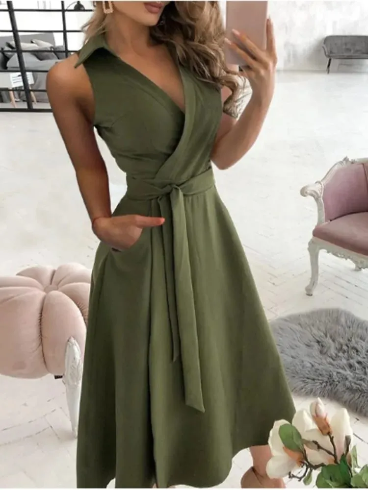 Vestido de mujer con cuello en V y cordones, manga corta, Color sólido, bolsillo, elegante, moda de oficina, estilo de desplazamiento, vestido de verano