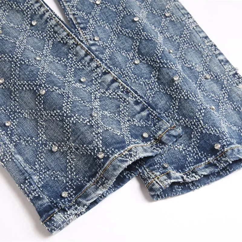 Men's Y2K Hip-hop Jeans American Retro Washed Blue Denim Pants Diamond Pattern Rivets Streetwear Slim Fit Party Male Trousers — image 3