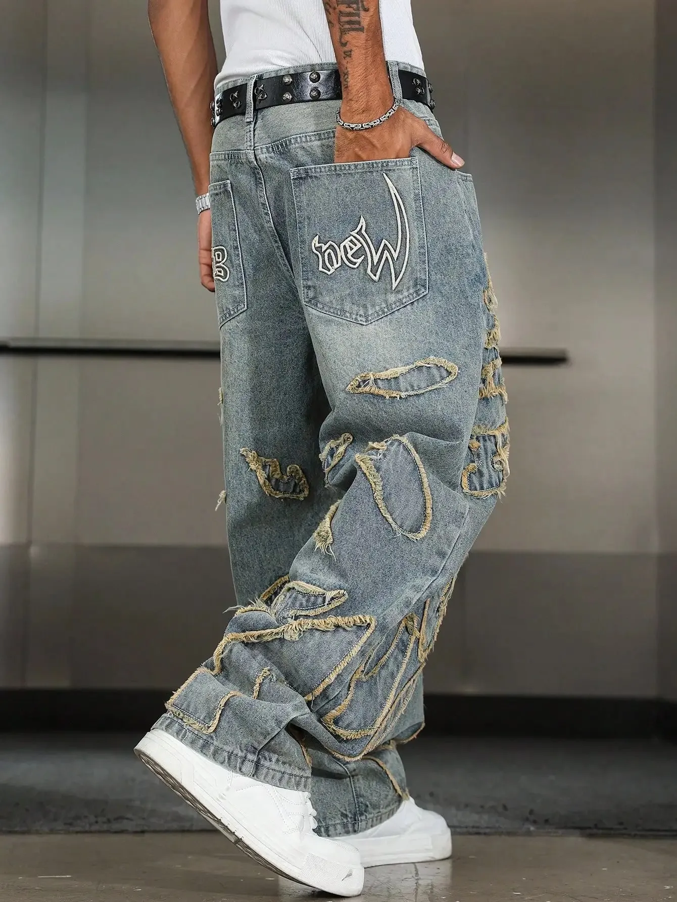 Men's Street Style Casual Patchwork Embroidered Frayed Hem Macau Blue Denim Jeans Trendy Loose Fit Straight Leg Pants — image 6