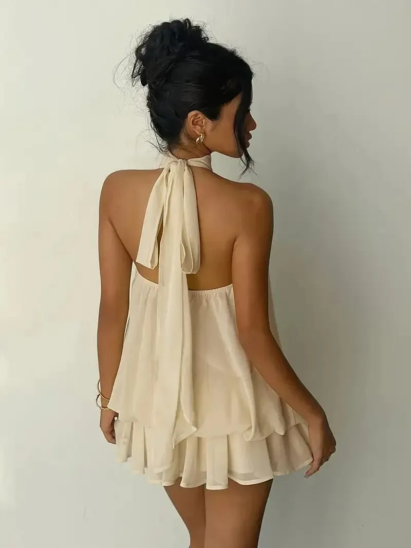 Women's Halter Neck Dress Sweet Backless Tie-Front Chiffon Sheer Mini Skirt Fashion Sexy Y2K Vintage Cute Party Birthday Dress — image 4