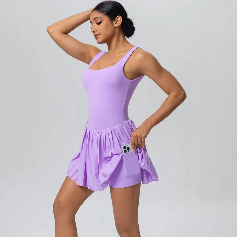 New Lifting Sports Jumpsuit Tennis Skirt With Pockets Yoga Womens Dresses Breathable Naked Feel Backless Female Sportswear