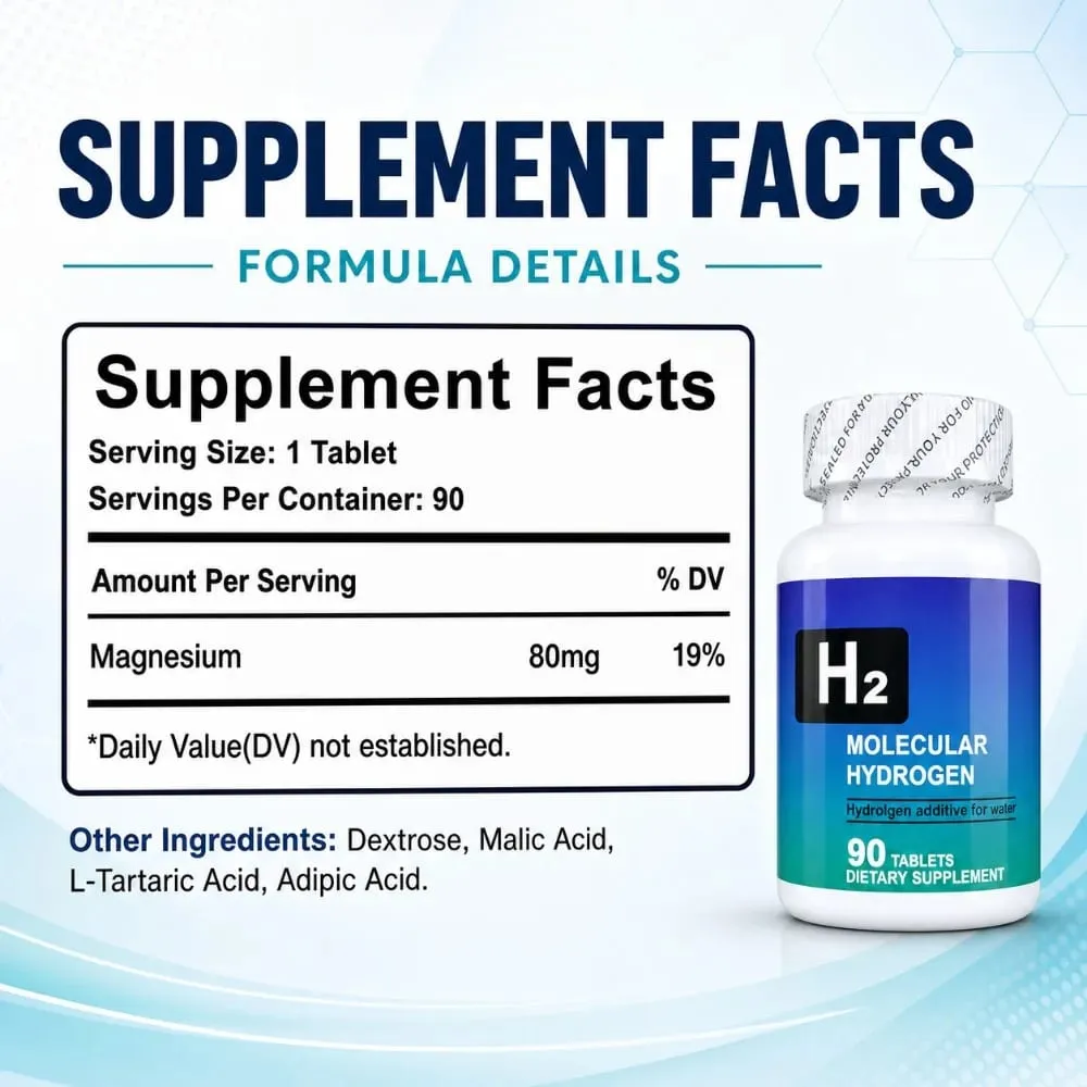 Molecular Hydrogen Tablets H2 Magnesium 80mg Antioxidant Energy Brain Health Unflavored Non GMO 90 Tablets Dietary Supplement — image 2