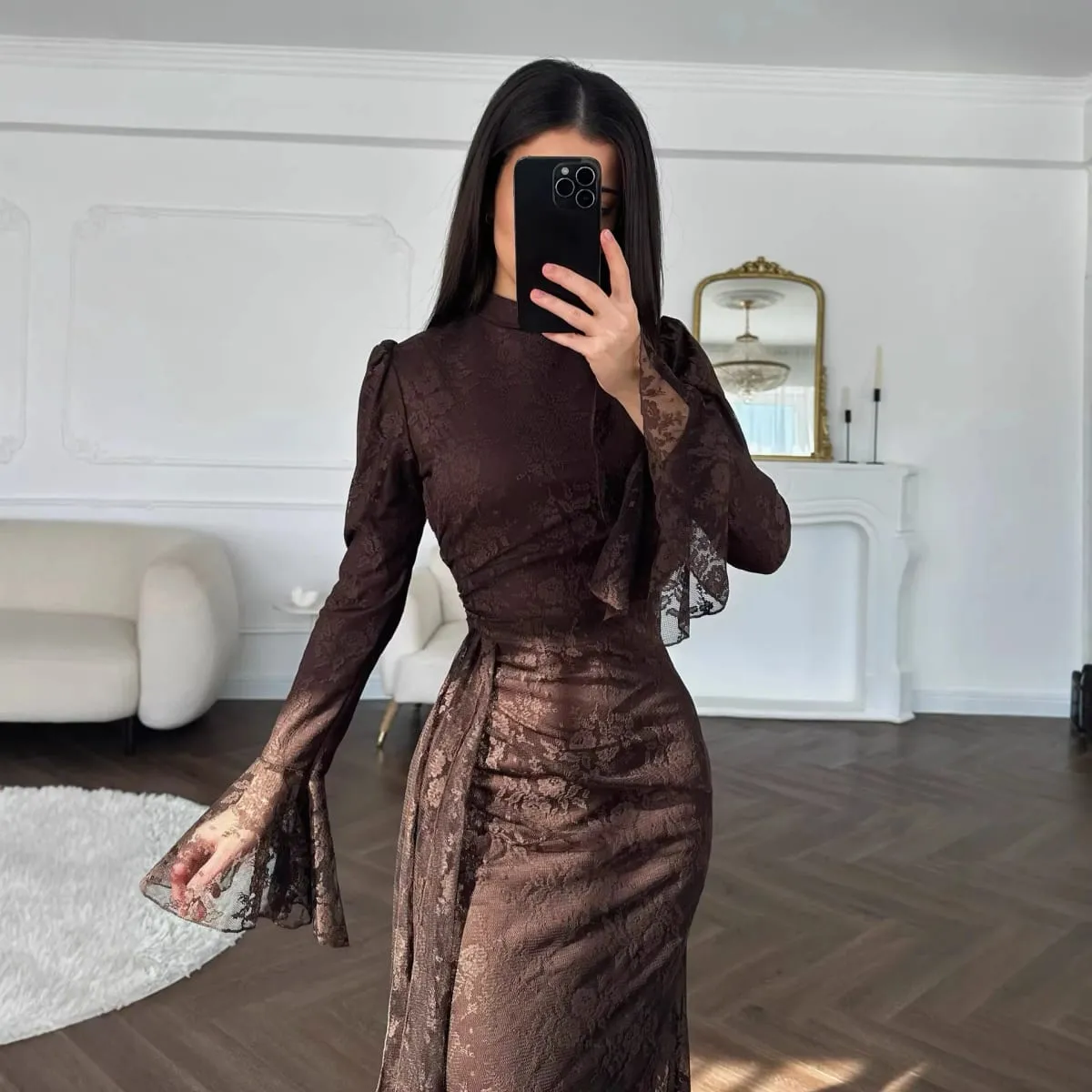 Women Lace Fitted Dresses Solid Evening Dress H Line Ankle Lenth Bell Sleeve Waist Cinch Slim Fit Party Sexy Elegant 2026 Summer — image 3