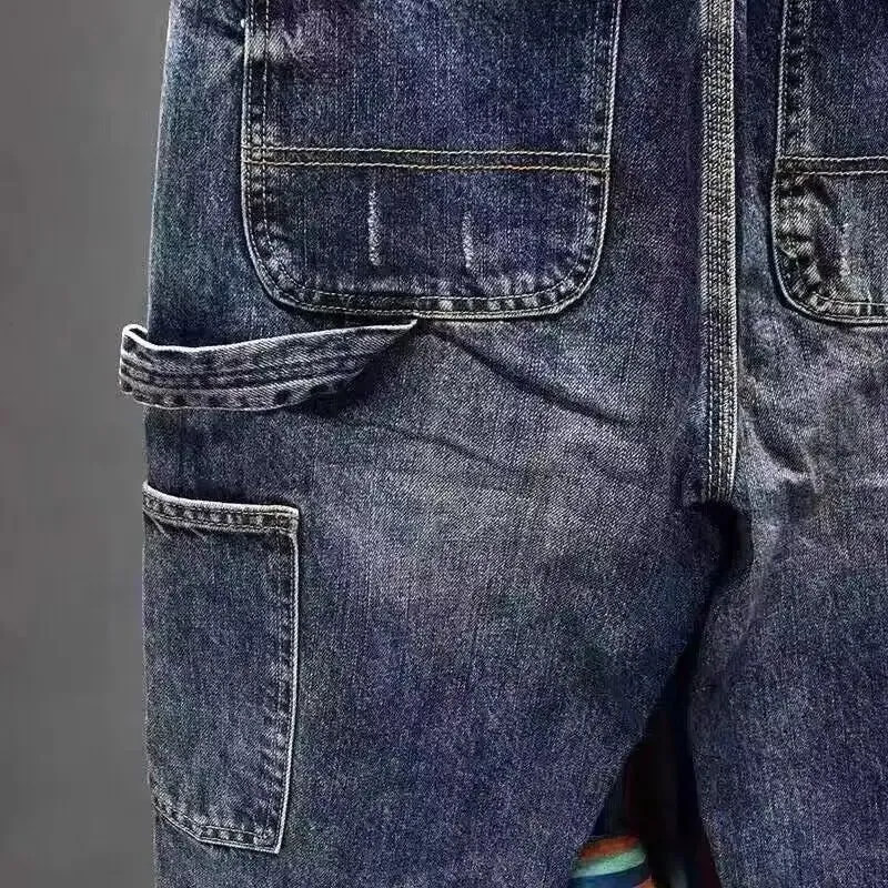 Pesado na moda 2025 marca de ferramentas jeans multi-bolso tendência masculina solta retro pequenos pés harlan retalhos carga calças retas — image 3