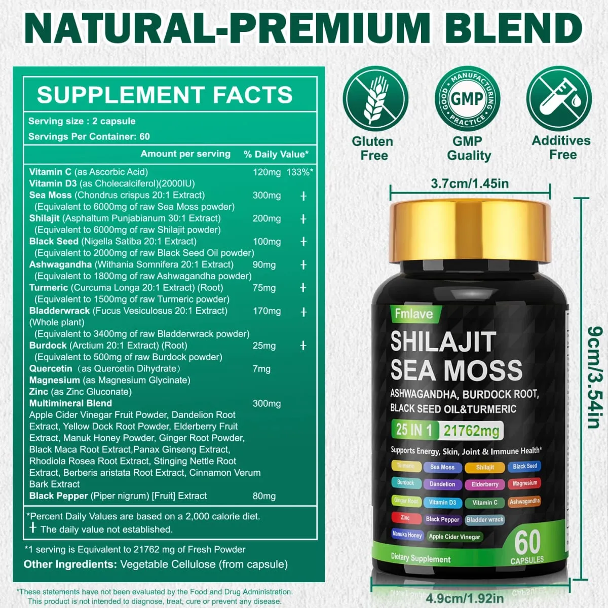 Sea Moss Shilajit Ashwagandha Sea Moss Capsule Supplement with Turmeric Burdock Root Bladderwrack Vitamin C Vitamin D3 Enhanced Immunity & Energy Black Seed Oil Capsule