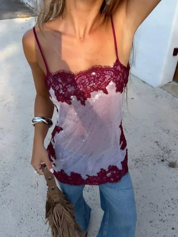 Sexy Sequin Lace Trim Patchwork Short Dress Women V Neck Sleeveless High Waist Mini Sling Dresses 2026 Summer Vacation Lady Robe — image 4