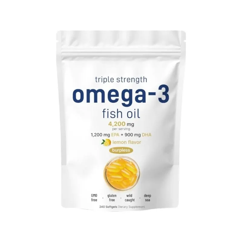 Triple Strength Omega 3 Fish Oil Supplements 4200mg Lemon Flavored Burpless EPA 1200mg DHA 900mg 240 Softgels