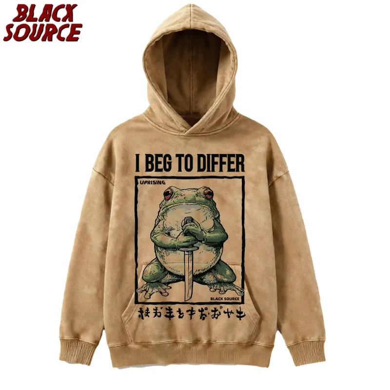 T444 I Beg To Differ Frog Hoodie, Funny Japanese Retro Graphic Pullover Sweatshirt, Harajuku Aesthetic Streetwear