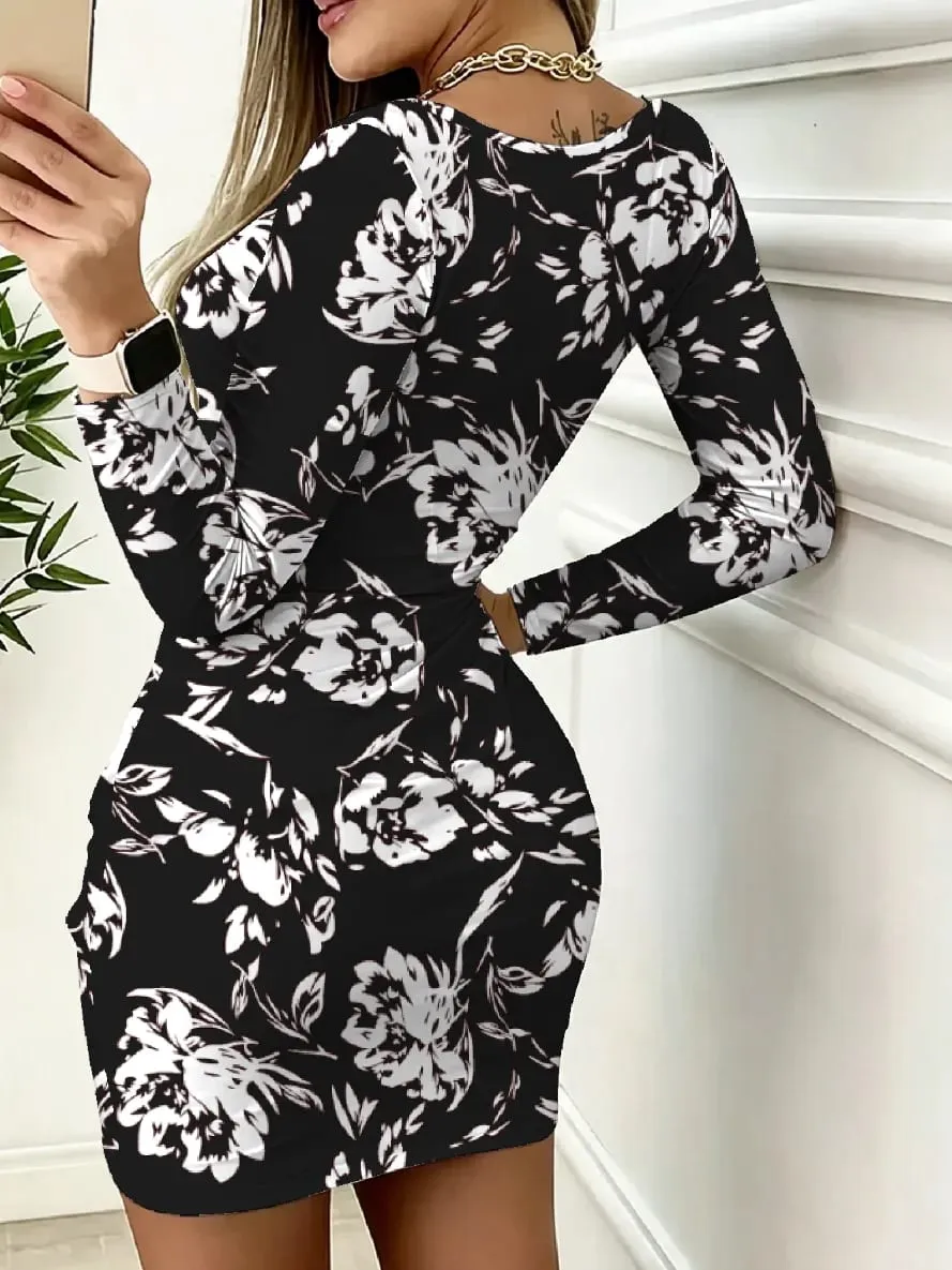 Women's Casual Long-Sleeved Floral Print Dress with Pockets round Neck Waist Cinching Mini Skirt Length for Autumn — image 2
