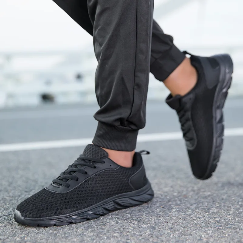 Zapatos atléticos negros sólidos para hombre, parte superior de malla hueca, suela ligera antideslizante, entrenamiento para trotar, calzado deportivo informal para viajes diarios al aire libre — image 5