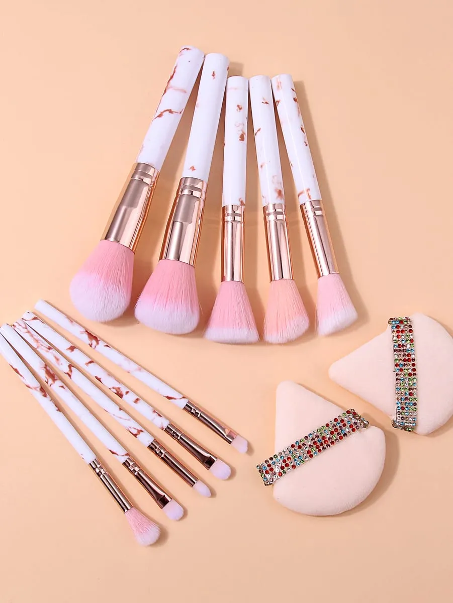 12Pcs Professional Makeup Brush Set with 2 Makeup Puff Soft Cosmetic Brushes for Powder Blush Eyeshadow Complete Makeup Kit