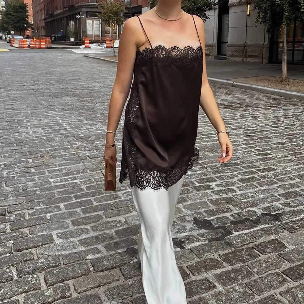 Vintage Sexy Floral Lace Satin Patchwork Camisole for Women Boho y2k Solid Sleeveless Backless Beach Chic Tops Cropped — image 2