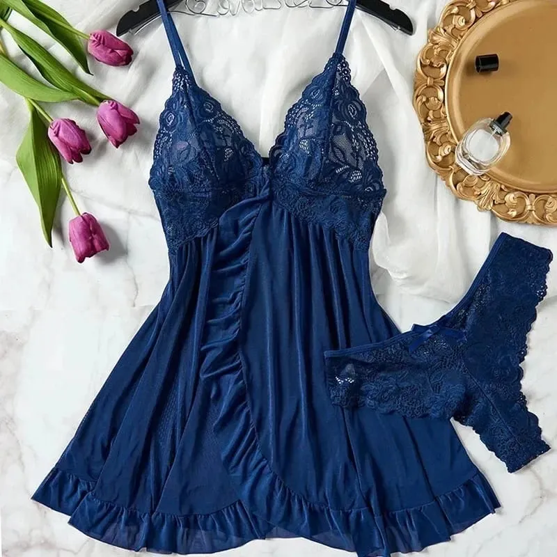 Tulle Suspenders Exquisite Women's Lencerias Lace V-Neck Underwear Semi-transparent Thong Dress Set Females Lingerie Nightgowns — image 8