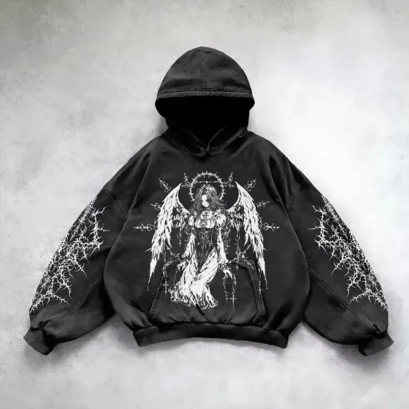 Retro Gothic Graphic Print Hip Hop Hoodie for Men Y2k Grunge Punk Casual Loose Pullover Women Streetwear Sweatshirt Hoodies — image 7