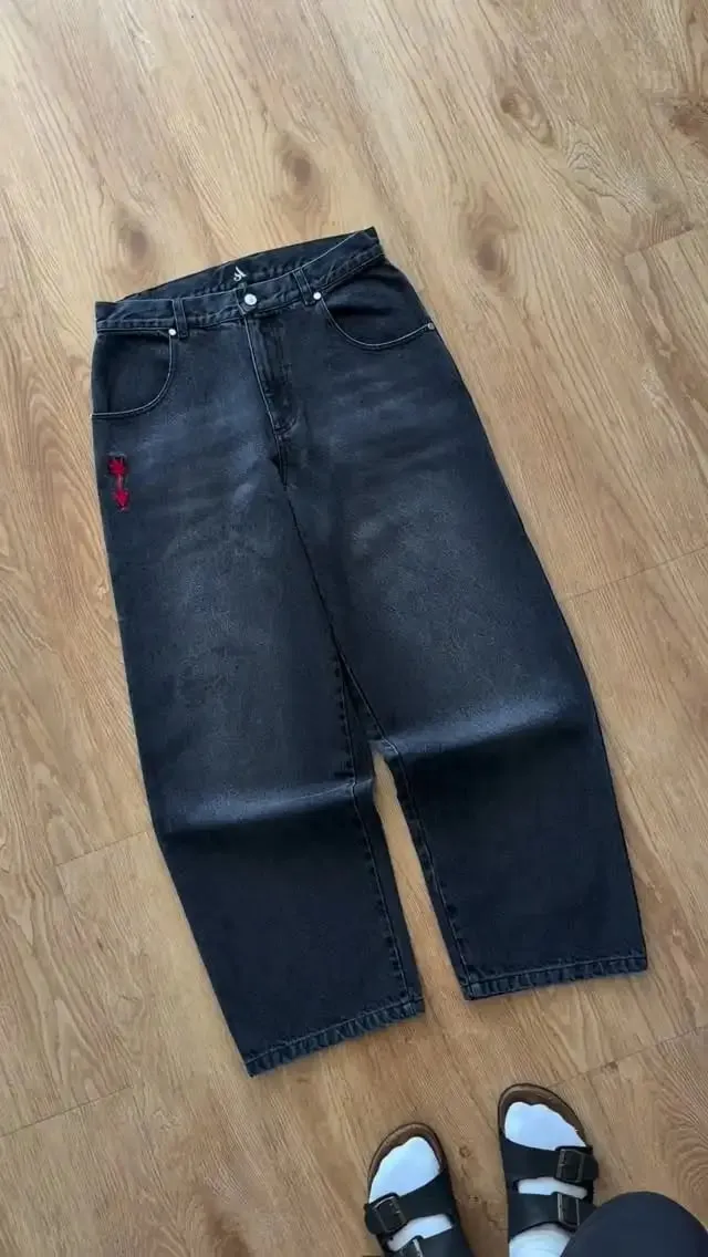 Y2K Vintage Loose Denim Pants Black Japan Cartoon Pattern Embroidered Jeans Women Wide Leg High Waist Streetwear Men Jeans — image 6
