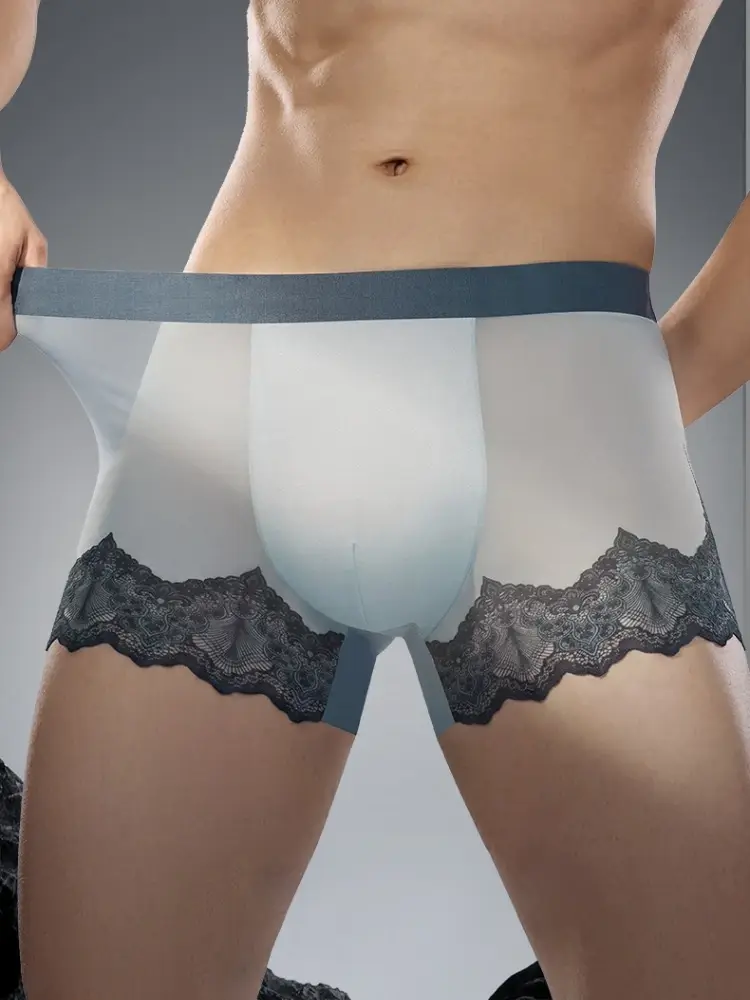 Homens rendas malha retalhos roupa interior verão ultra fino respirável boxer shorts sexy bulge bolsa calcinha ver através do tronco — image 4