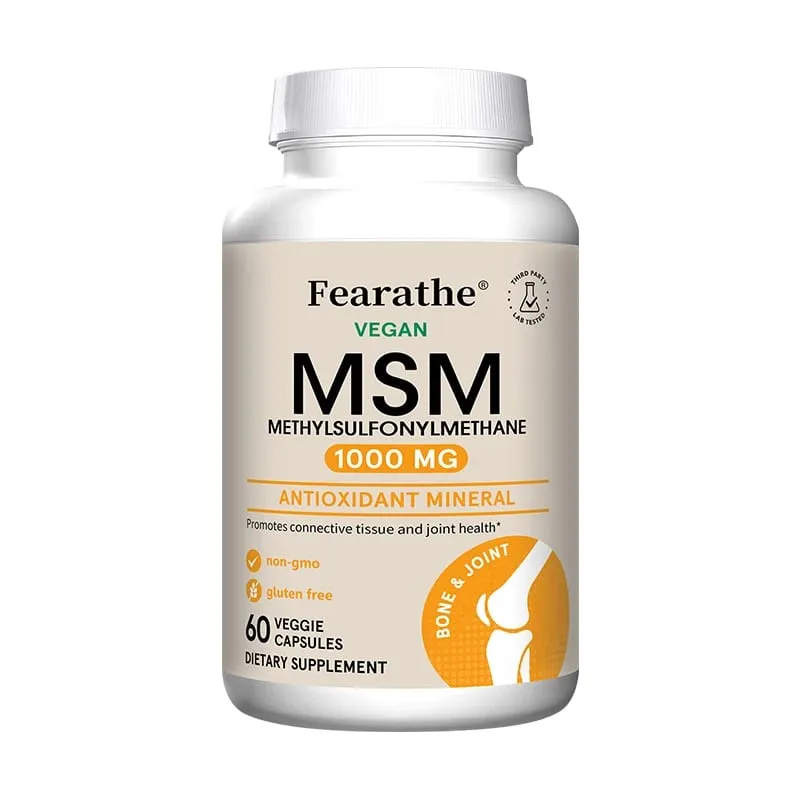 Fearathe Methylsulfonylmethane (MSM) สารต้านอนุมูลอิสระ 1,000 มก. ส่งเสริมสุขภาพข้อต่อ การดูดซึมแคลเซียมที่สมดุล ไม่ใช่จีเอ็มโอ ปราศจากกลูเตน — image 9