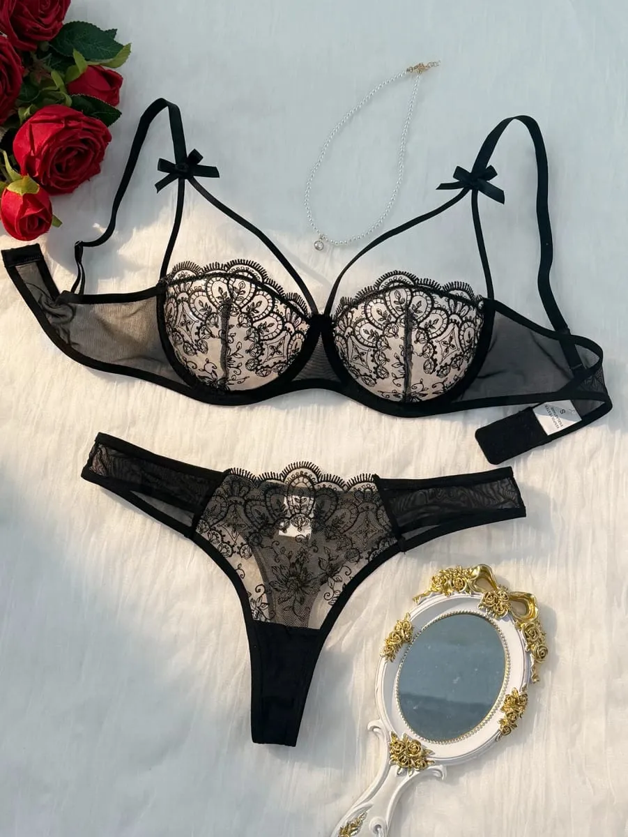 2-piece Women's Lingerie Sets Women's Green Comfortable Lightweight Bow Semi Transparent Lingerie Set