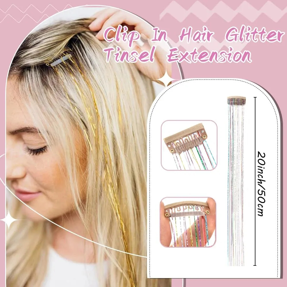 Clip in Hair Tinsel 12 Pcs Hair Tinsel Kit for Girls 20 inch Tinsel Hair Extensions Synthetic Glitter Hair Accessories for Women