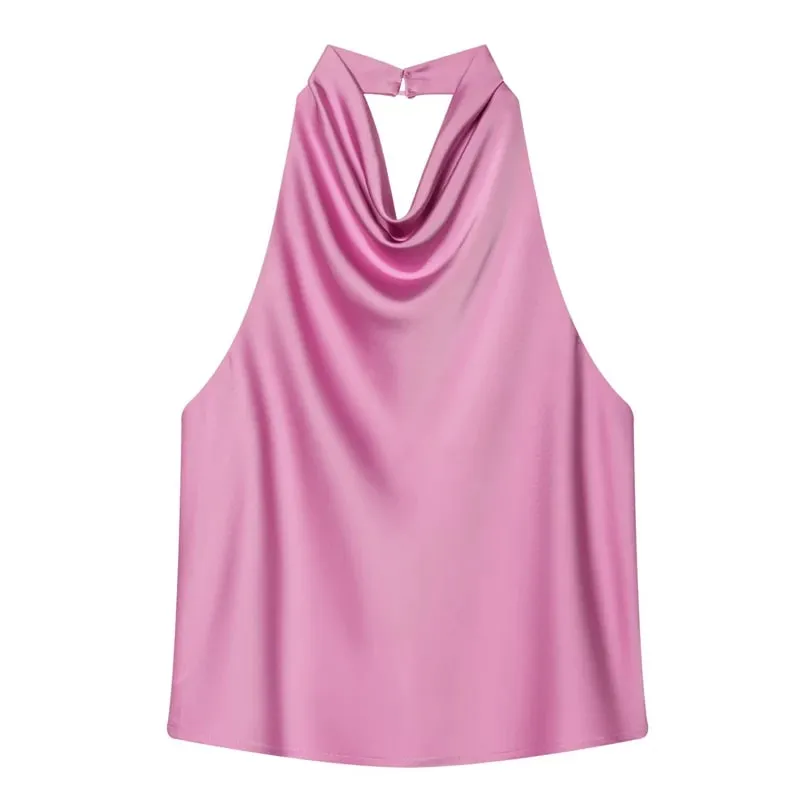 Women's Tanks Halter Top Women Sleeveless Green Crop Tops Summer Satin Party Evening Top Backless Sexy White Black Top — image 17