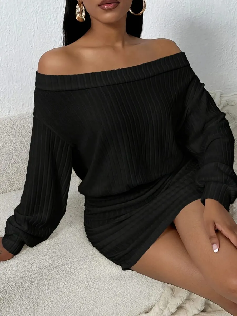 One-Shoulder Puffy Solid Color Casual Multi-Functional Long-Sleeved Knitted Dress — image 4