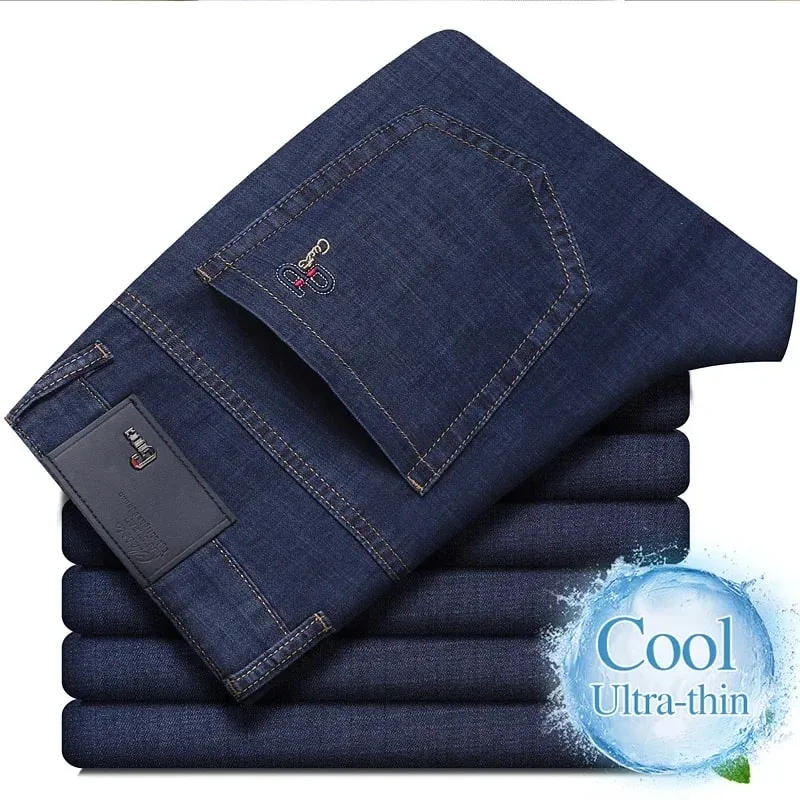 New Men's Summer Ultra-Thin Jeans Fashion Business Comfortable Soft Casual Denim Pants Lightweight Elastic Straight Leg Trousers