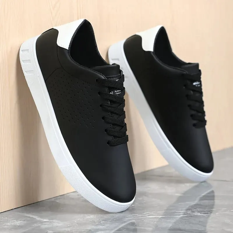 Men's Classic White Sneakers Casual Leather Lace-Up Shoes Breathable Perforated Lightweight Walking Shoes for Male — image 2