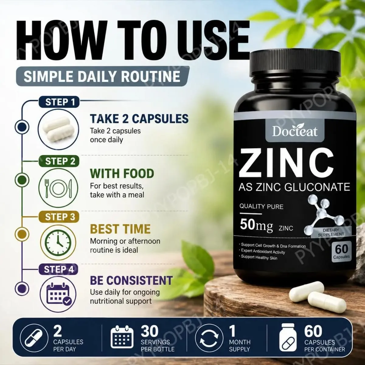Docteat Zinc As Zinc Gluconate Capsules 50 Mg Zinc Per Serving Immune Support Antioxidant Activity Healthy Skin 60 Capsules — image 6