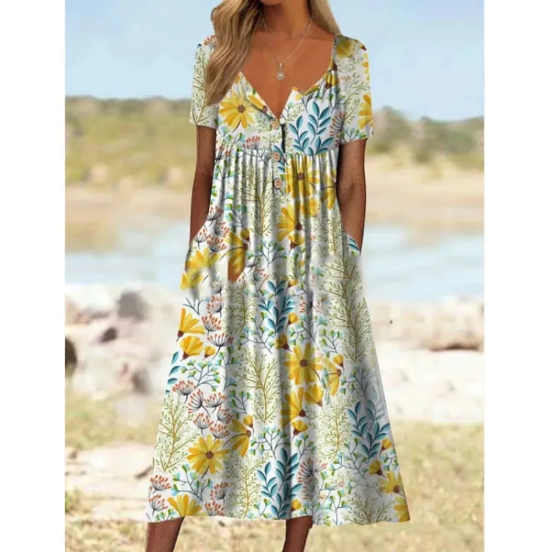 Women Dresses 2026 Spring autumn New floral printed V-neck button short-sleeved pocket long dresses women's clothing vestidoes