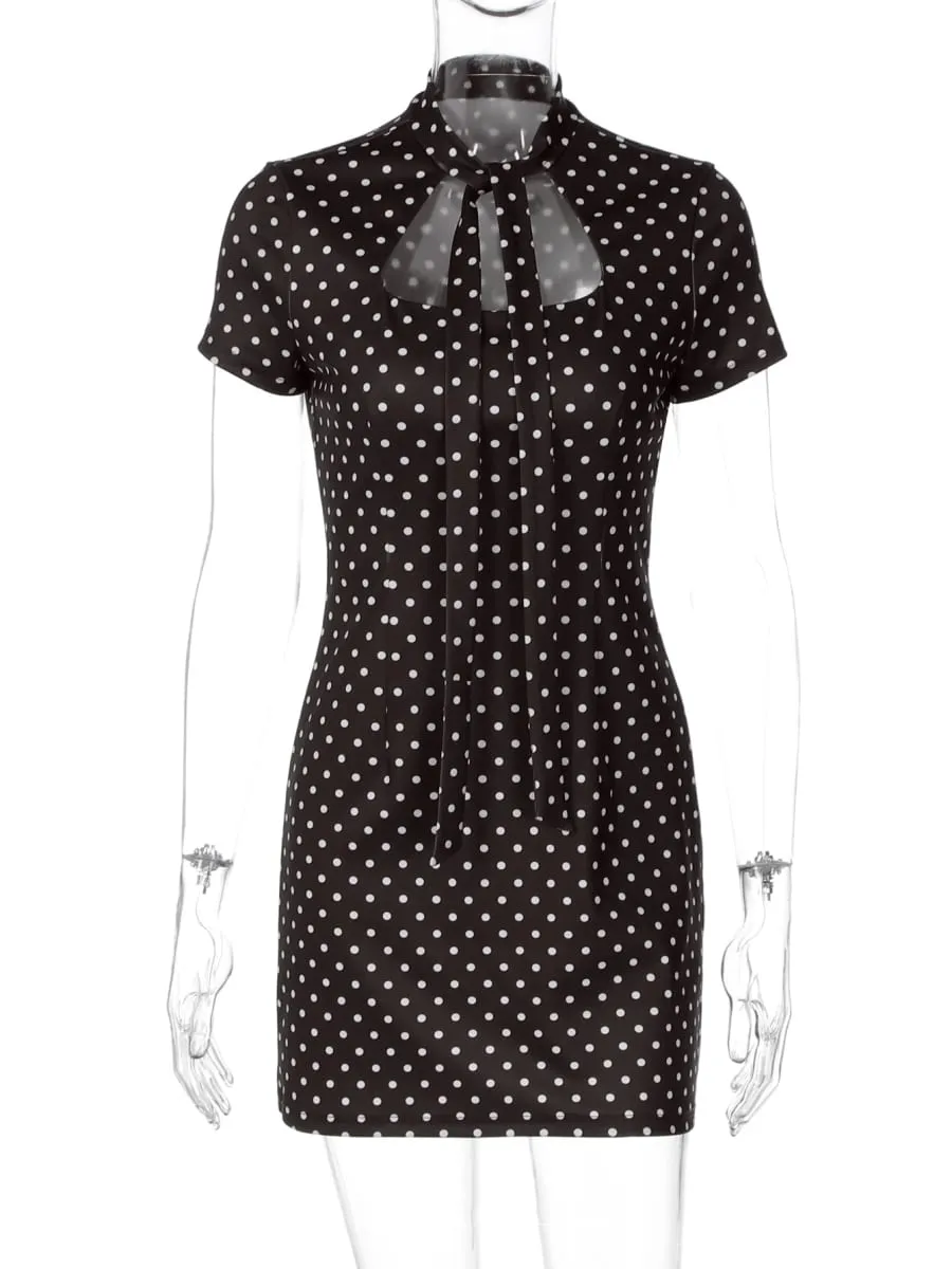 Dulzura Turtleneck Short Sleeve Lace Up Hollow Out Polka Dot Mini Dress Women'S Fashion Sexy Elegant Dress Party Vacation Outfit — image 6