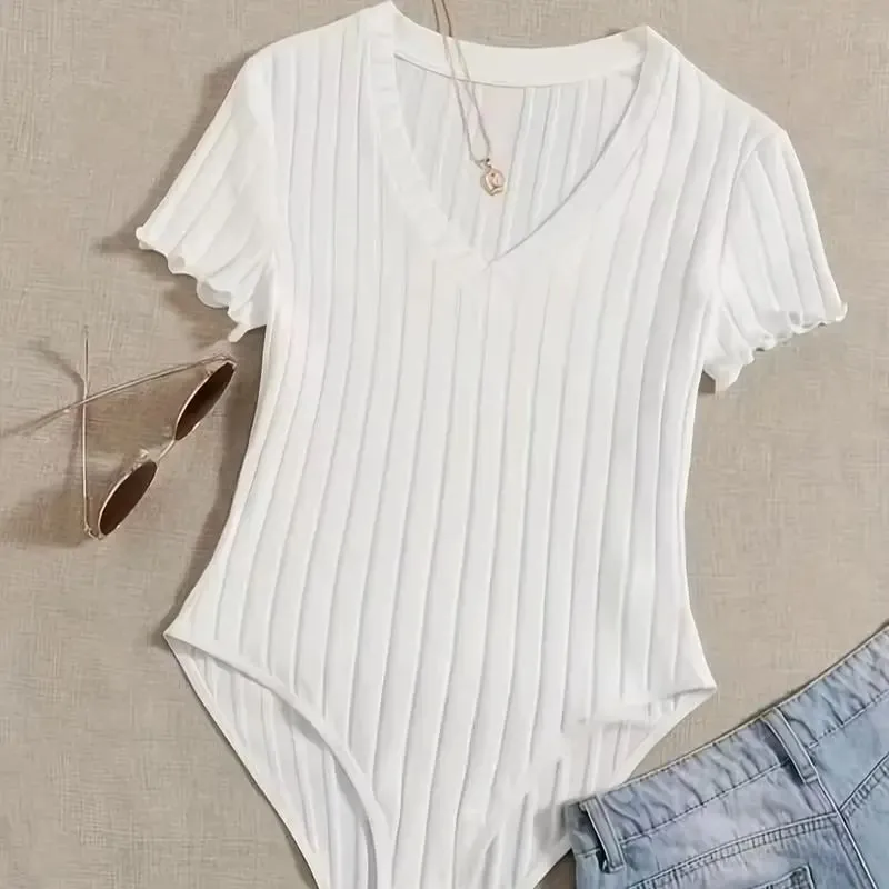 Lettuce Trim Ribbed Bodysuit Women's Sleeveless High Waist Bottom Control Shapewear for Slimming Effect