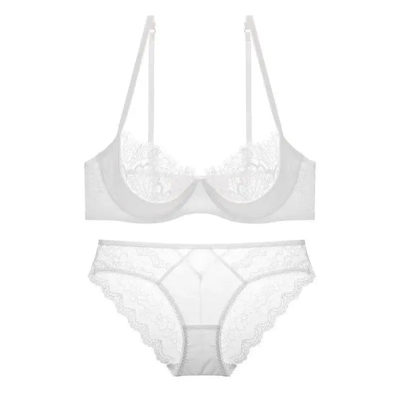 French Sheer Lace Lingerie Set Half Cup Thin Unlined Minimizer Bra Underwire Lift Support Large Bust Ladies Matching Briefs S-XL — image 10