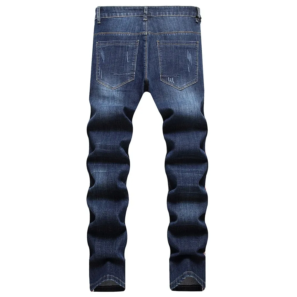 Men Side Stripe Denim Jeans Blue Stretch Washed Denim Pants Slim Straight Trousers — image 2