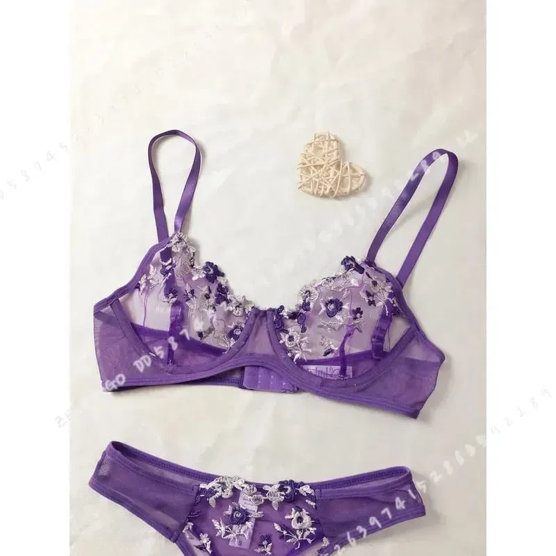 Purple Fancy Lingerie Set Women Embroidered Flower Bra and Panty Underwear Female Outfits — image 4
