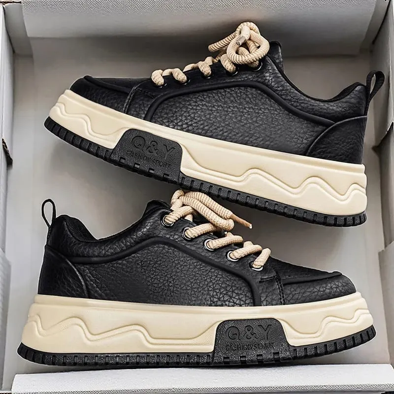 Men's Height Increasing Thick Sole Platform Shoes Fashion Leather Casual Skateboard Sneakers Streetwear