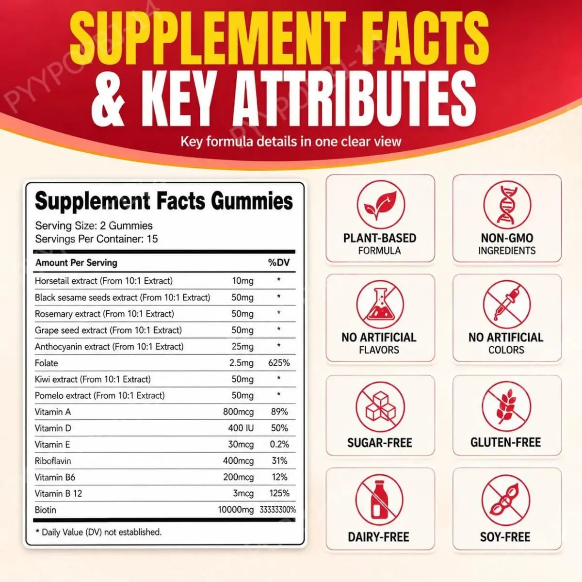 Biotin Gummies with Vitamin C and B12 Supports Strong Healthy Hair Growth Hair Care with Kiwi and Pomelo Extract - 15 Servings — image 2
