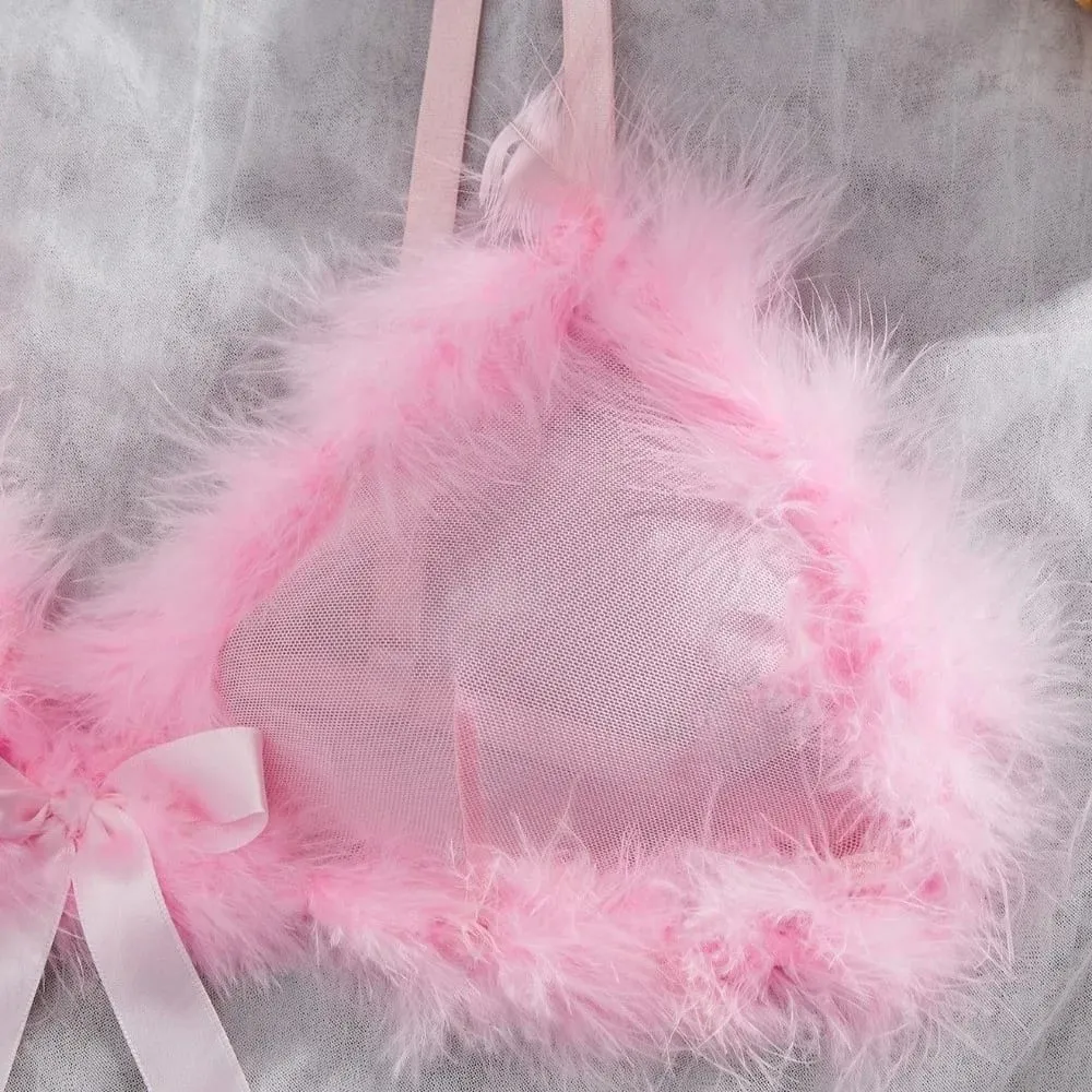 Sweet Furry Women's Underwear Mesh Transparent Wireless Lingerie Set Romantic Intimate Bow Decor Bra Panties Suit Christmas — image 2
