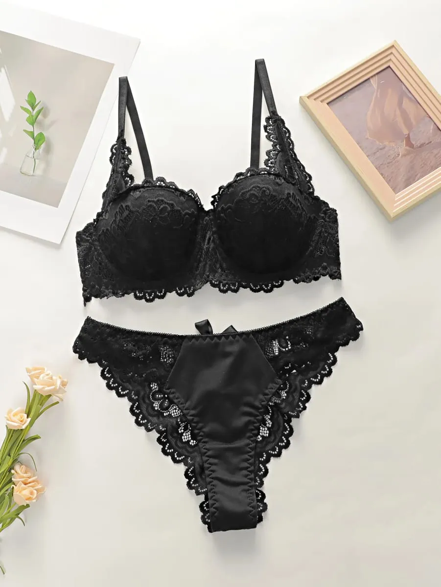 fashion Black bow lace thong set solid color daily 2-piece set sexy underwear set push up bra set B1111 — image 1