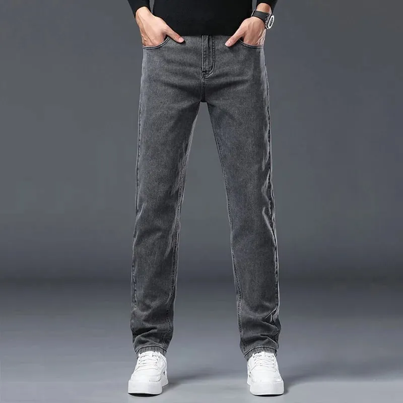 Spring New Men's Slim Fit Elastic Jeans Fashion Gray Comfortable Casual Denim Pants Korean Business Work Straight Black Trousers — image 10