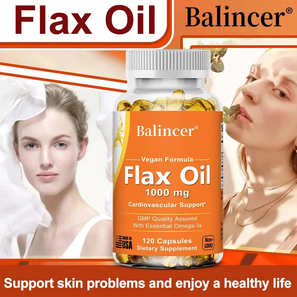 Flaxseed Oil 1000mg + Omega-3 Capsules Plant-Based Omega 3-6-9 Heart Brain Eye Joint Skin Immune & Cardiovascular Support — image 4