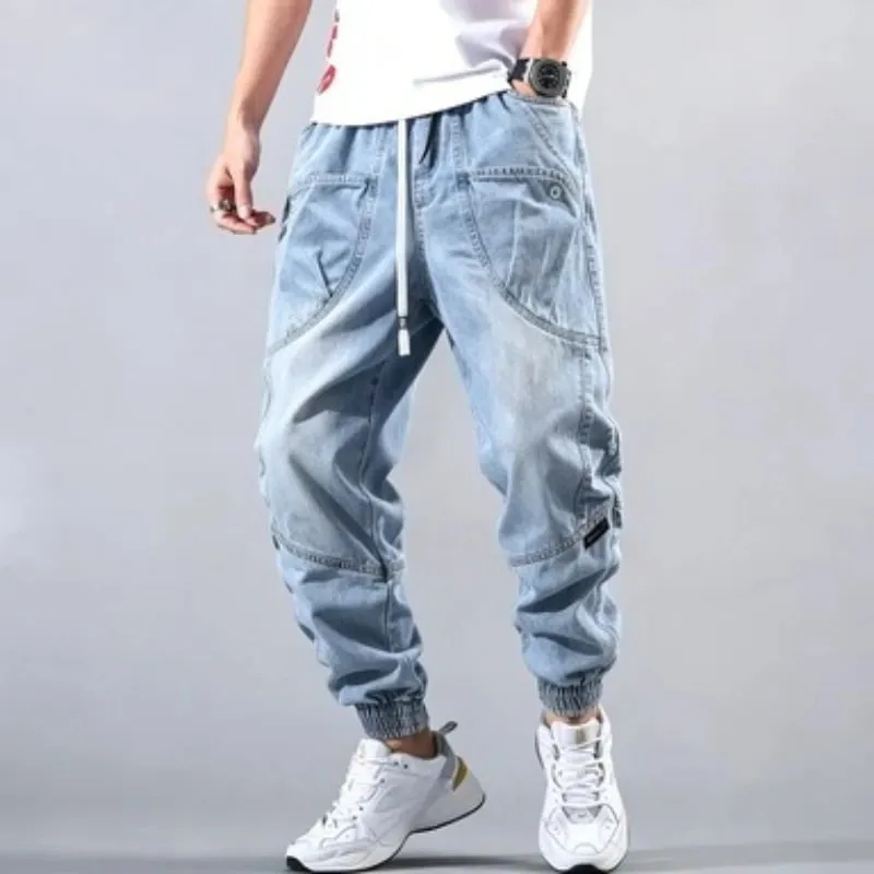 Street Elastic Jeans Men Denim Cargo Pants Wash Solid Color Multi Pockets Casual Mid Waist Trousers Daily Wear Joggers — image 9